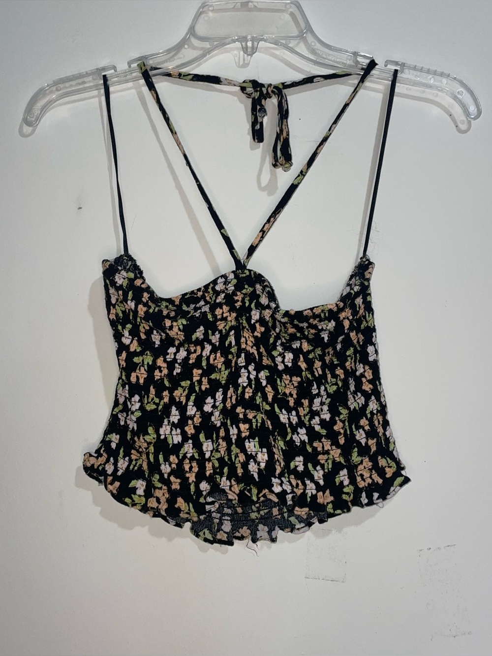 Altar’d State Cinch Halter Neck Sleeveless Black Floral Smocked Crop Top M